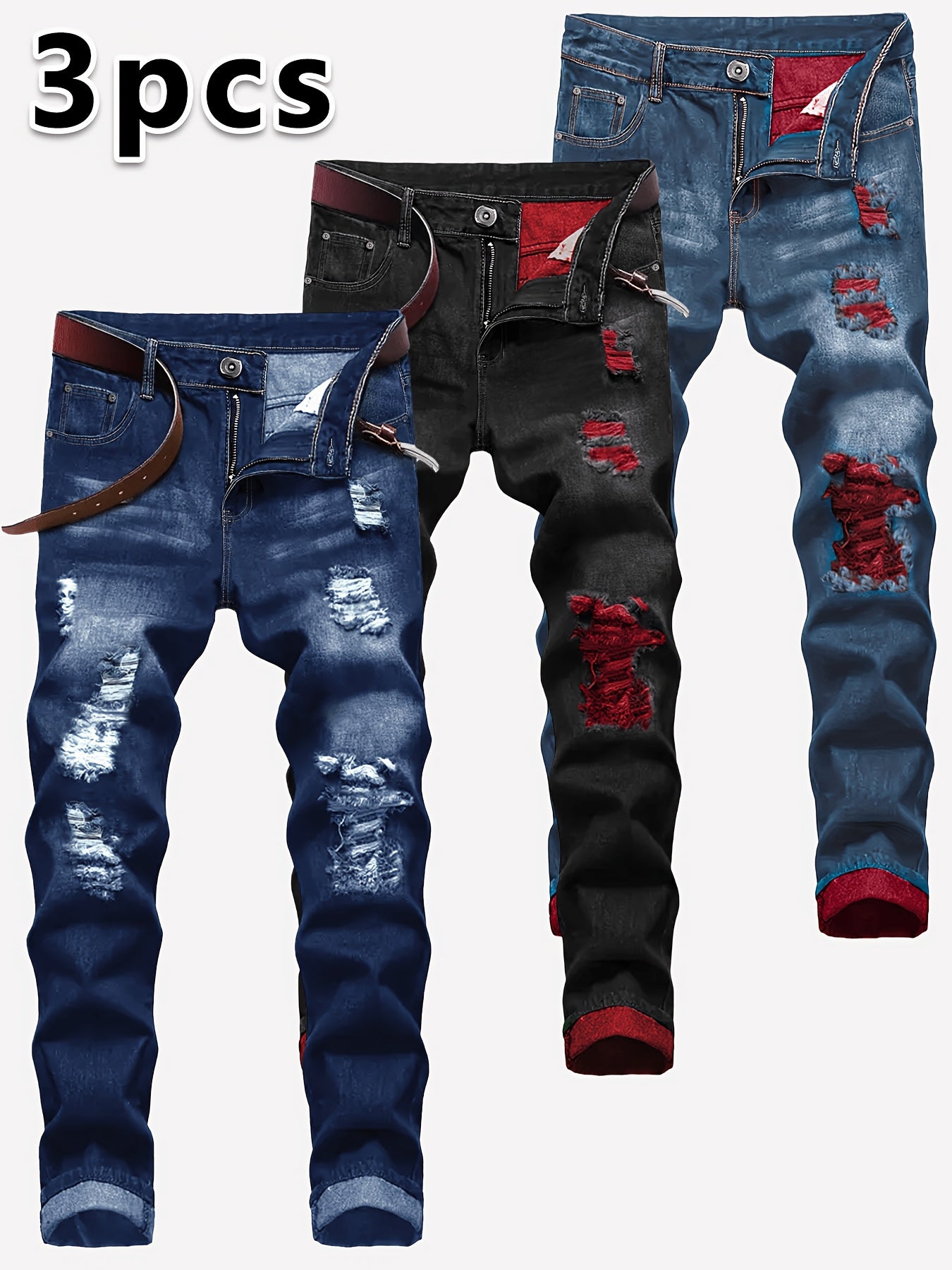 3-pack Men'S Slim Fit Ripped Jeans Distressed Denim Pants Casual Streetwear Fashion Trousers Hip Hop Trendy Joggers For Men