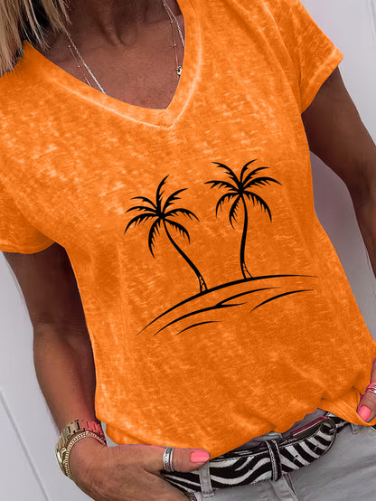 Relaxed Summer V-Neck T-Shirt Featuring a Palm Tree Design, Ideal for Relaxing at Home, Outings, Or As a Gift Option for New Year'S, Valentine'S Day, And Other Occasions