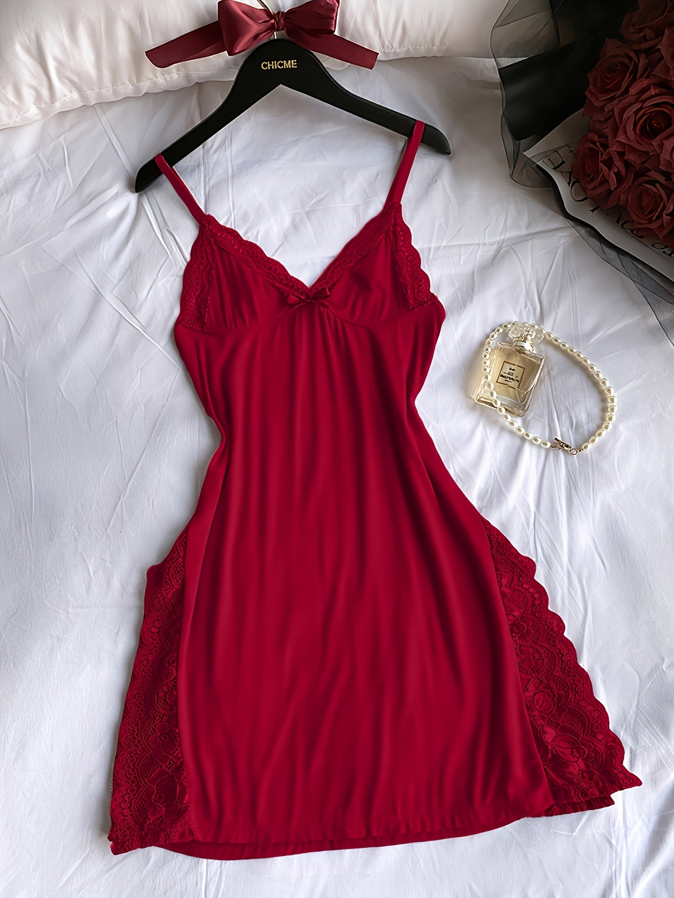 3pcs Set Of Women's Solid Color Lace Sleepwear, Lace Panel, Skirt Side Slit, Sexy Lace Home Sleepwear