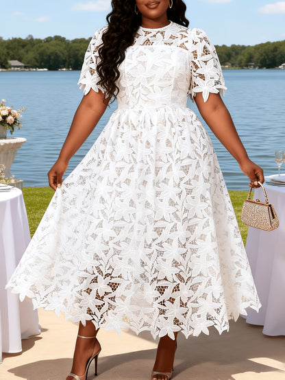 Plus Size - Plus Size - Plus Size Round Neck Lace Dress, Elegant Midi Length with Waist Definition, Formal Banquet And Evening Gown