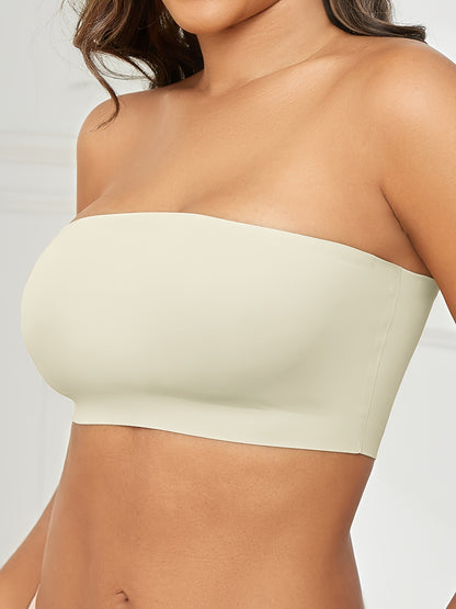 1pc ESSELEGANCE Seamless Wireless Bandeau Bra - Soft Nylon & Elastane Blend, No-Show Design, Beige/Nude, Comfortable Stretch Fit for Casual Attire