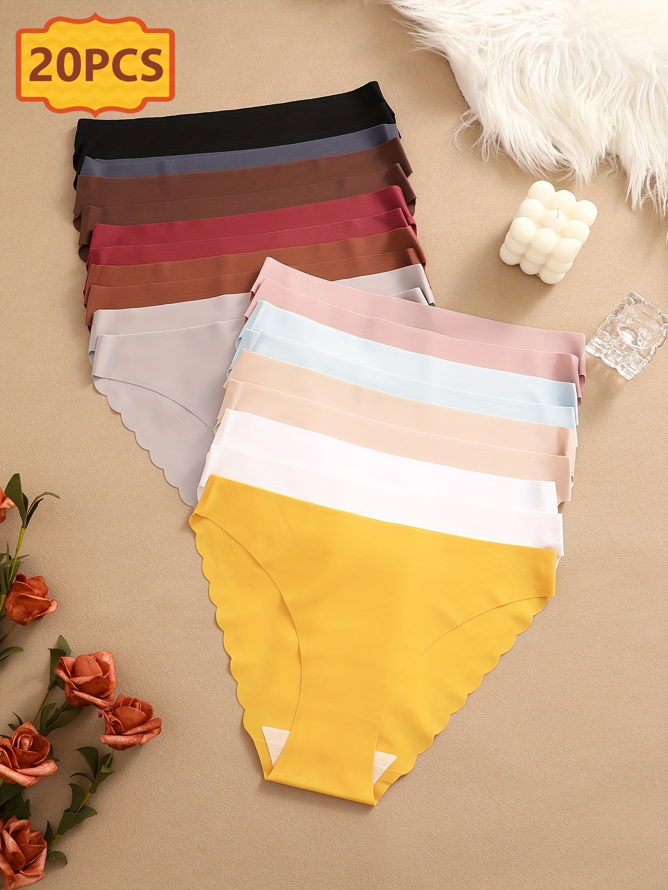 20pcs Set Of Seamless Wave Edge Triangle Pants with Solid Color Wave Edge Design, Breathable And Comfortable Underwear, Seamless And Elastic Triangle Pants, Daily Commuting Women's Underwear And Underwear