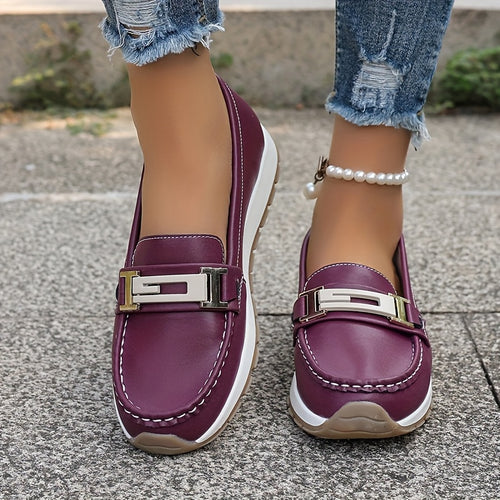 Women's Lightweight Slip-On Flats with Metallic Buckle Accents - Casual Faux Cover Shoes for Autumn, Multi-Color Options (Black, White, Green, Purple, Brown, Blue), Cute Shoes, Simple Toe Design, Women Shoes