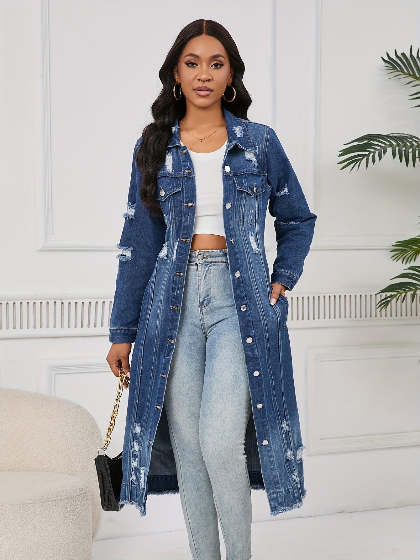 Long Ripped Denim Jacket with Real Pockets, Casual Windbreaker
