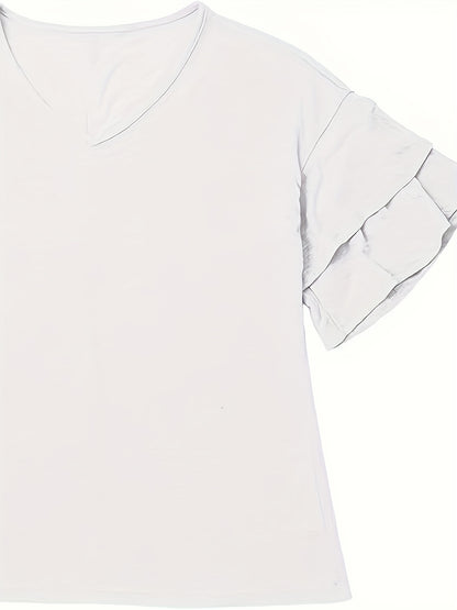Layered Flared Sleeve V-neck T-shirt, Suitable for Spring And Summer, Soft And Comfortable Daily Casual Solid Color Top for Women's Clothing
