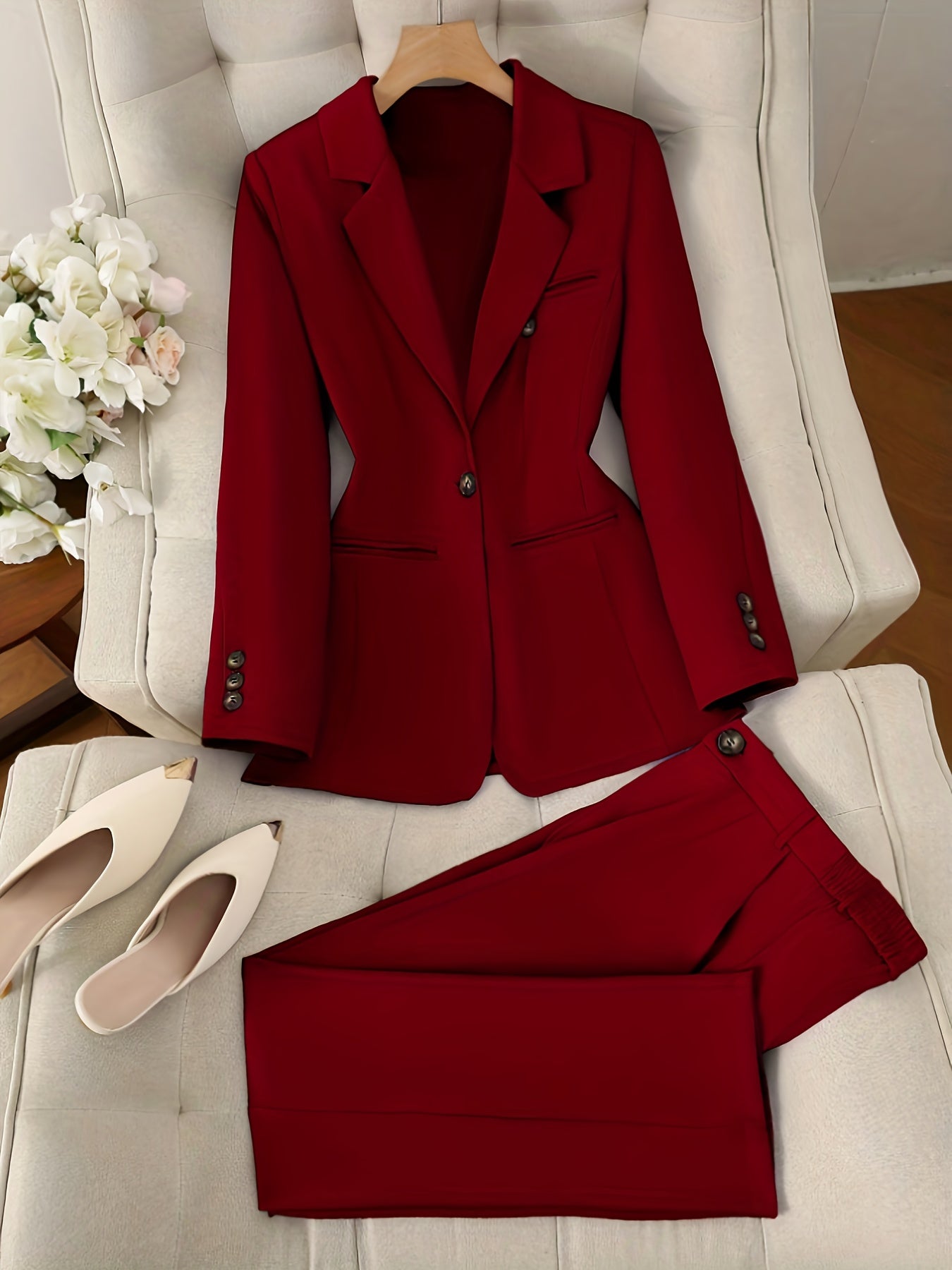 Solid Color Single Button Long Sleeve Single-Breasted Waistcoat Suit Pants 2pcs Set
