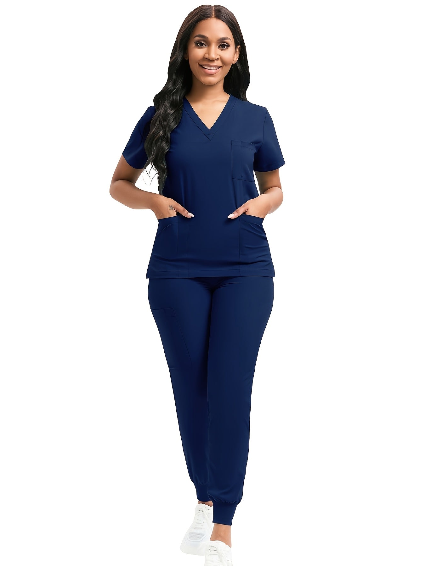 [Scrub Suit Set] Scrub Suit Set For Women Modern V-Neck Top T-Shirt & Tapered Leg Jogger Pants With Drawstring 2pcs Set Nursing Uniforms Set Suitable For Pet Hospitals, Dental Clinics, Nursing Work, Etc