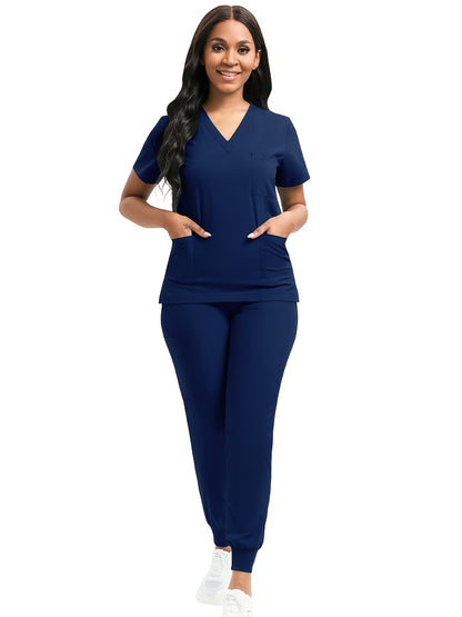 [Scrub Suit Set] Scrub Suit Set For Women Modern V-Neck Top T-Shirt & Tapered Leg Jogger Pants With Drawstring 2pcs Set Nursing Uniforms Set Suitable For Pet Hospitals, Dental Clinics, Nursing Work, Etc