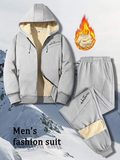 Men'S Winter Fleece Set: Zip-Up Hooded Thick Jacket with Sherpa-Lined Pants, Thermal Comfort, Zippered Pockets for Convenient Daily Wear, Embellished with Exquisite Embroidery