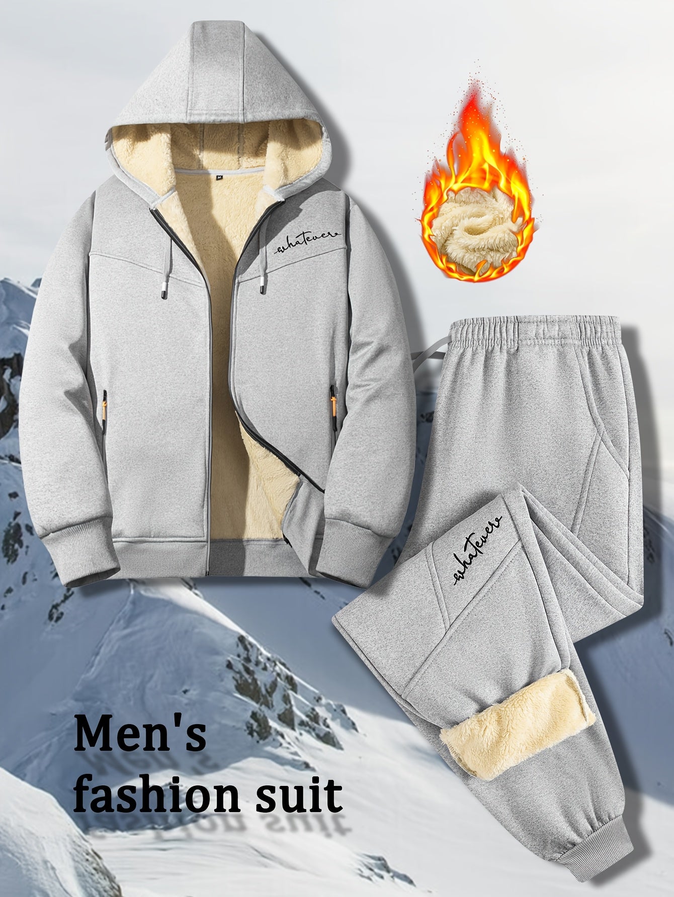 Men'S Winter Fleece Set: Zip-Up Hooded Thick Jacket with Sherpa-Lined Pants, Thermal Comfort, Zippered Pockets for Convenient Daily Wear, Embellished with Exquisite Embroidery