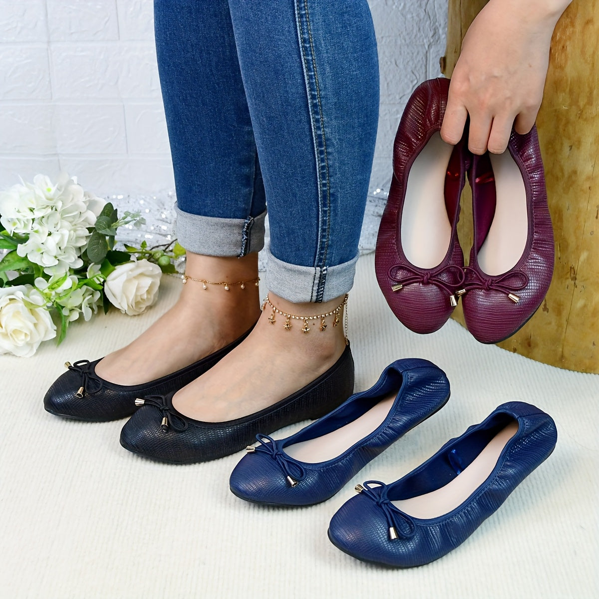 Women's Round Toe Ballet Flats with Bow Detail - Lightweight Breathable Faux Cover, Soft Foldable TPR Sole, Elastic Opening for Easy Slip-On, Casual & Formal Wear (Navy, Burgundy, Black), Ballet Shoes
