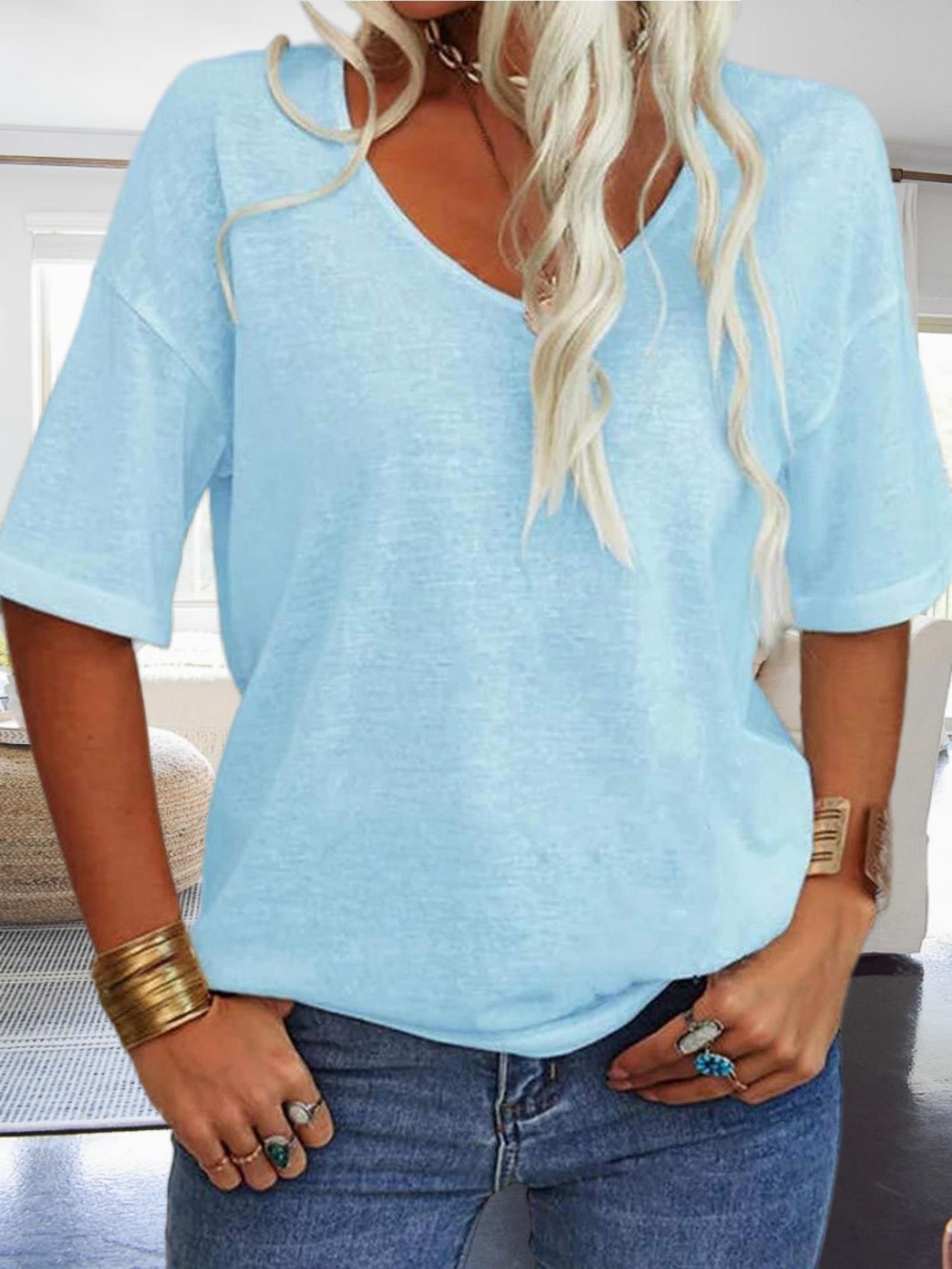 Women's Casual Loungewear Top, Loose V-Neck Short Sleeve Shirt, Soft Comfy Basic Daily Home Wear