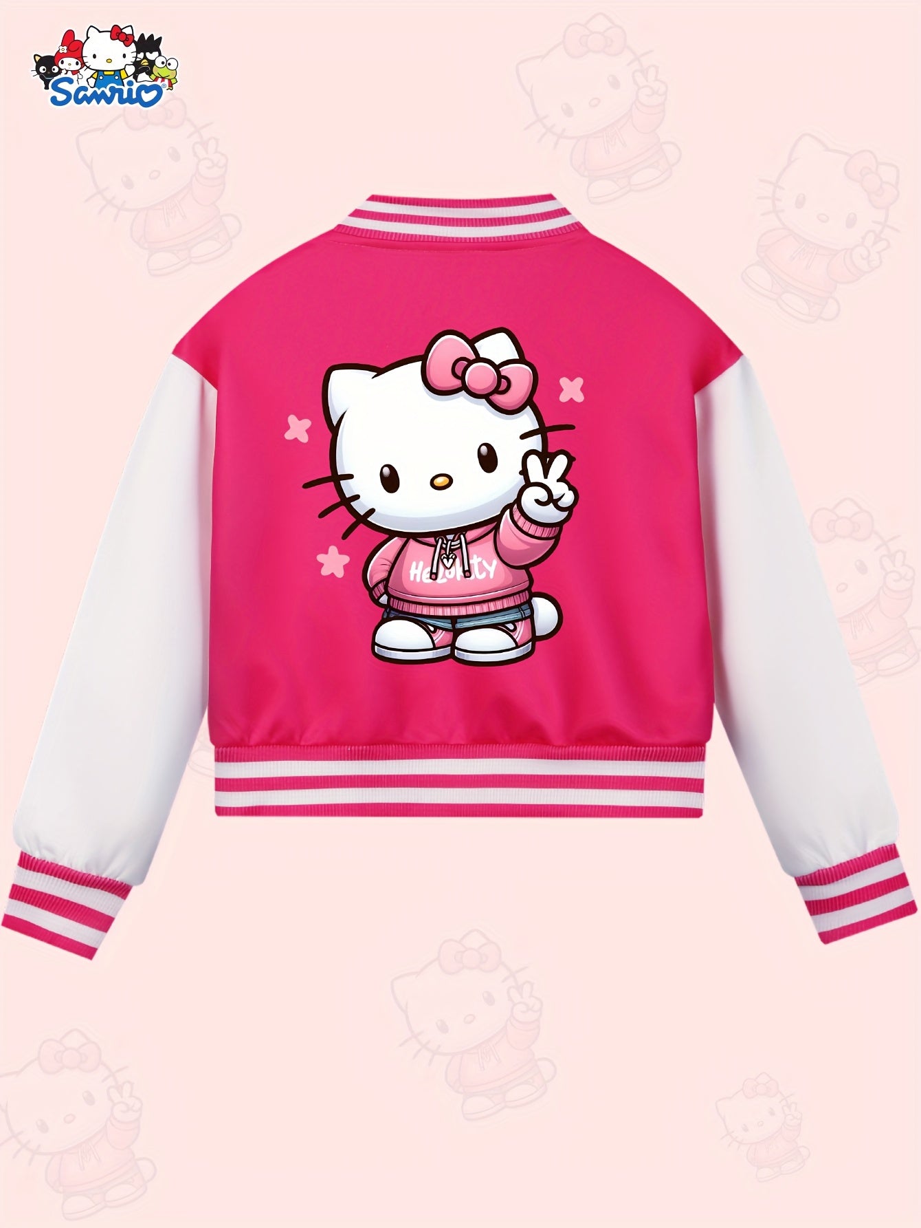 Sanrio Hello Kitty Girls' Cute Kawaii Jacket - Double-Sided Hello Kitty Print Varsity Coat with Button Closure, Warm Winter Outerwear Suitable for, Playdates & Themed Parties (Iconic KT Character)