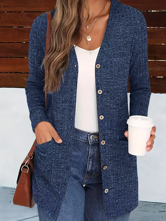 New Women's autumn and winter solid color loose long sleeve cardigan with pockets, elegant V-neck open front knitwear with side pockets, solid color comfortable layering decoration, cute and casual