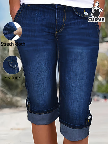 Women'S Plus Size Denim Blue Cropped Jeans | High Waisted Cuffed Hem with Front Pockets, Ankle Decor Buttons, Single Button & Zipper Fly, Street Trendy Casual for Spring/Summer/Fall Wear