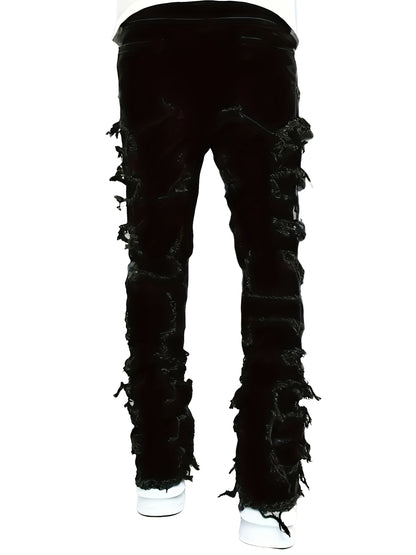 Men's Slim-Fit Stretch Jeans with Fringe Tassel decoration - Hip-Hop Skateboard Style Straight Pants, Washed Denomination for all- Wear (Machine Washable, Urban Streetwear) - Comfortable & Trendy for Skating & Everyday