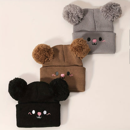 3pcs BBAHHAHAT Baby Knit Hats with Embroidered Faces & Pom-Poms - Stretchable Acrylic Breathable All-Season Infant Hats for Daily Casual Wear & Christmas, Anime-Themed (White), Festive Babywear, Cute Animal Face, Soft Texture, Embroidered Details