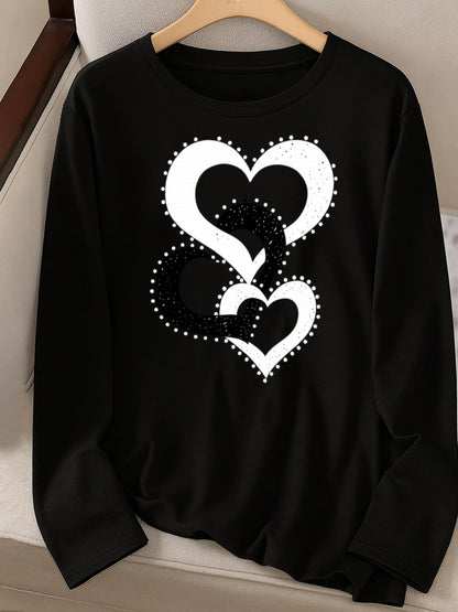 Classic Monochrome Interlinked Heart Design Women'S Long-Sleeve Shirt - Easy to Wash, Breathable, Soft Medium Stretch Material, Suitable for Spring, Autumn, And Winter Women'S Apparel, Length Women'S Wear
