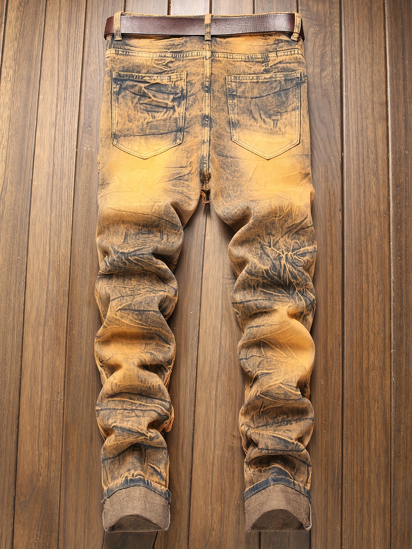 Fashion Trends Stacked Multi-post Fabric Tassels Holes Irregular Tie Flower Splashed Ink Jeans Casual Men's Trousers