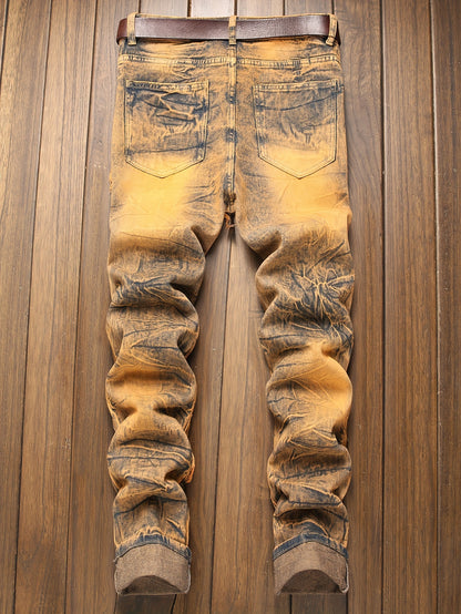 Fashion Trends Stacked Multi-post Fabric Tassels Holes Irregular Tie Flower Splashed Ink Jeans Casual Men's Trousers
