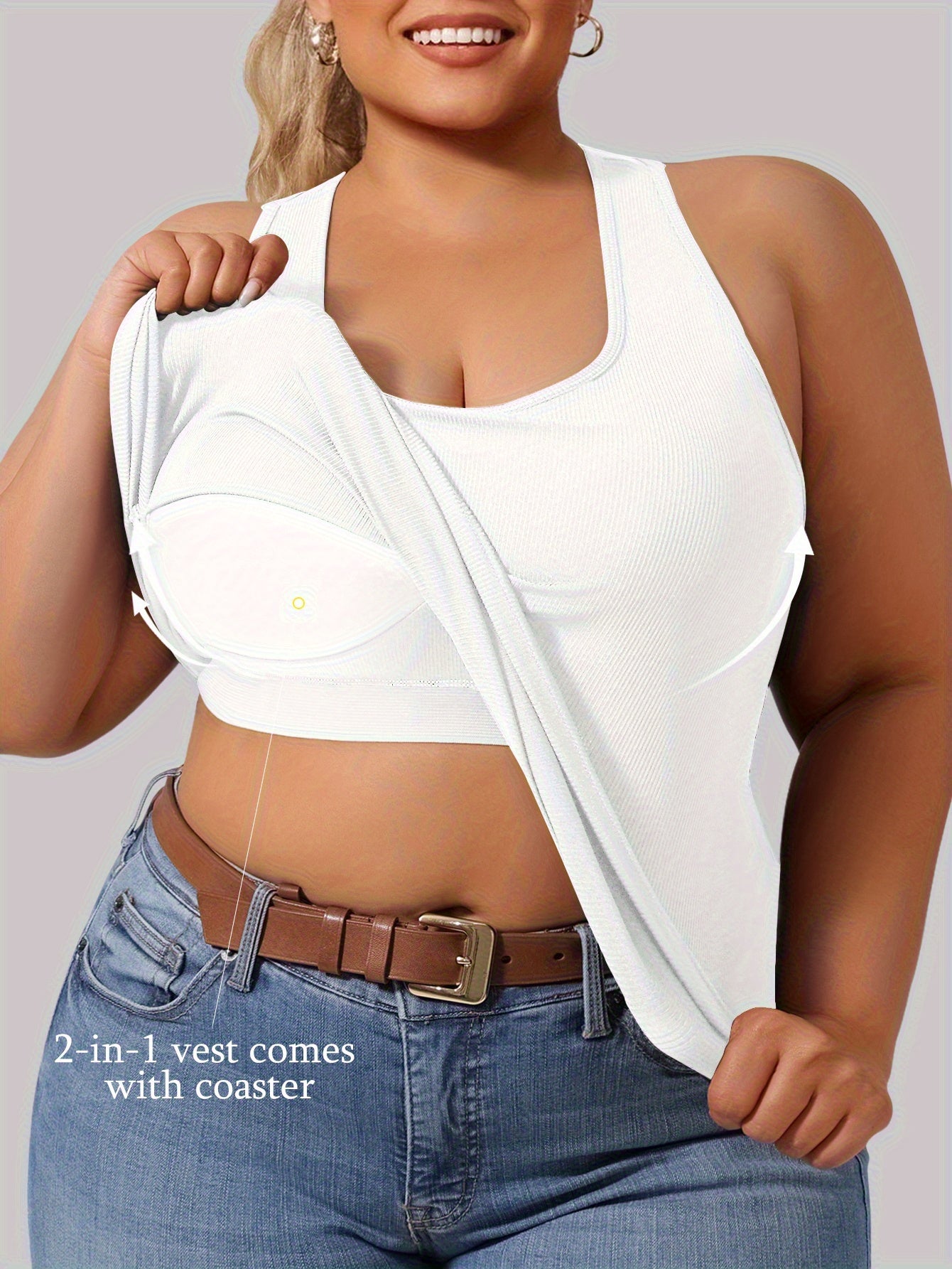 Plus Size - Plus Size - Plus-Size Women'S Spring Summer Fall Vest 2-In-1 Vest with Coaster I-Back Rib Casual Base Vest