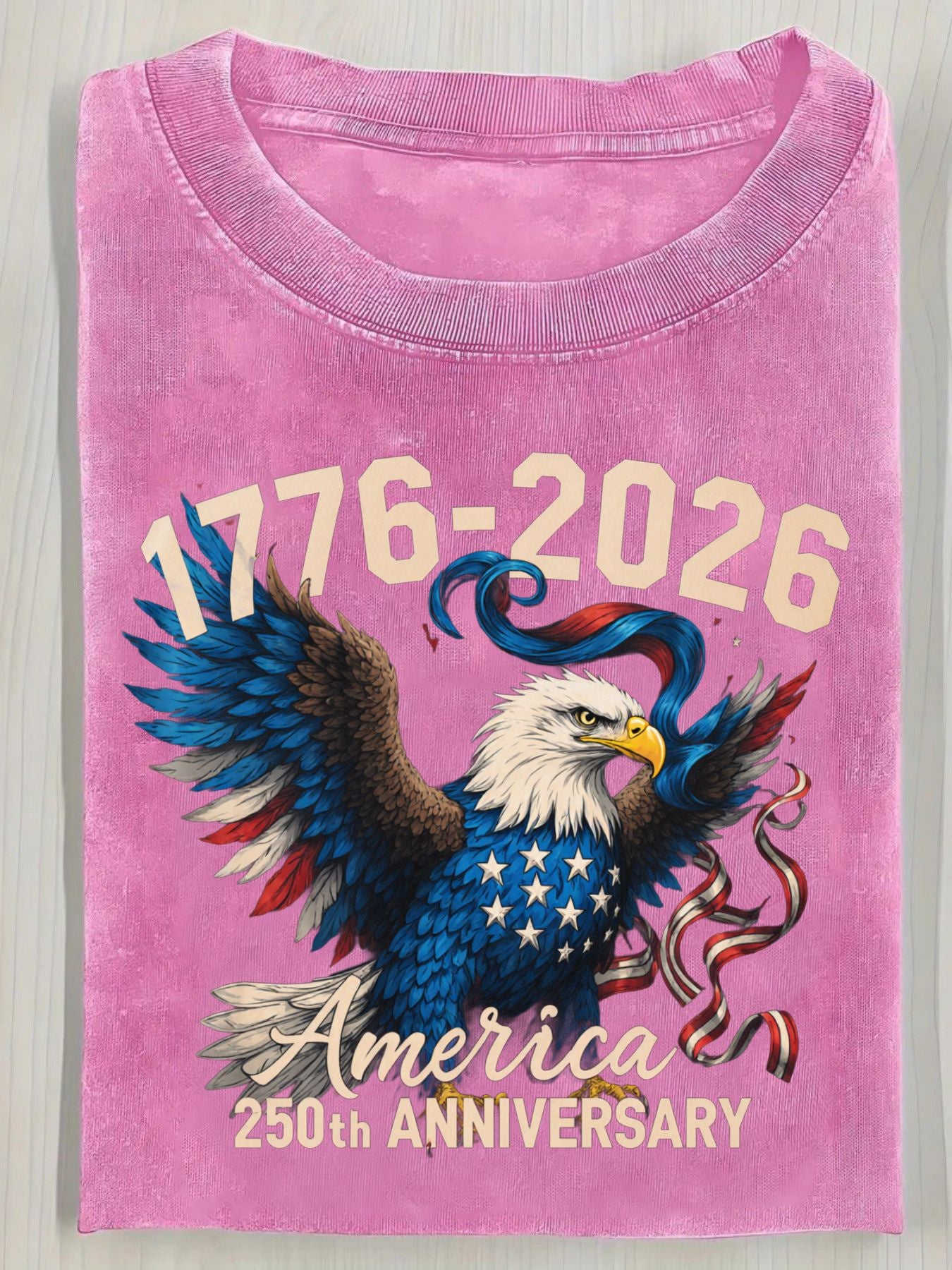 Washed Cotton T-Shirt 1776-2026 American Flag Eagle Pattern T-Shirt, Vintage Distressed Style 250th Anniversary American Celebration T-Shirt- Casual Crew Neck Pure Cotton T-Shirt, Breathable Comfortable American Independence Day Commem Washed Cotton