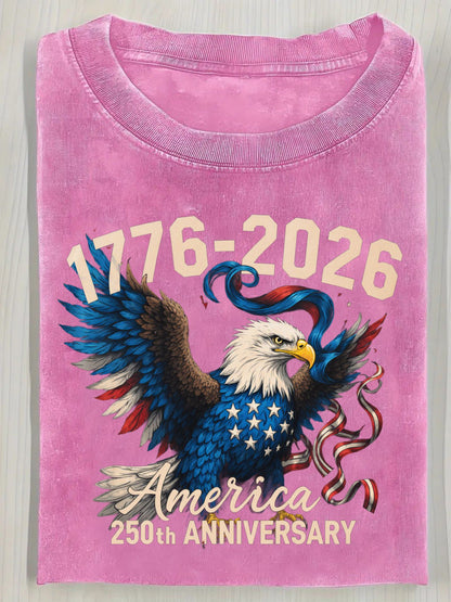 Washed Cotton T-Shirt 1776-2026 American Flag Eagle Pattern T-Shirt, Vintage Distressed Style 250th Anniversary American Celebration T-Shirt- Casual Crew Neck Pure Cotton T-Shirt, Breathable Comfortable American Independence Day Commem Washed Cotton
