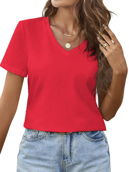 Women'S Elegant Vneck Short-Sleeved T-Shirt | Featuring Flag Print, Soft Stretchy Fabric, Machine Washable, Ideal For Spring/Summer Casual Wear