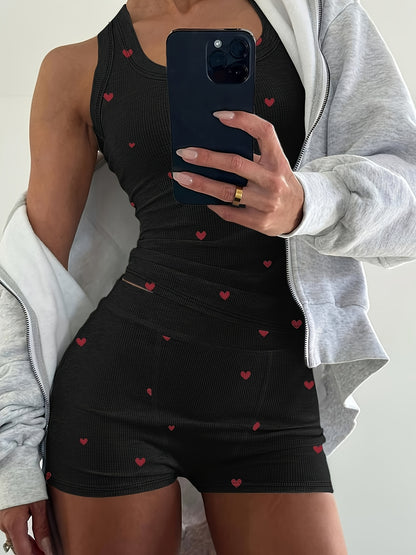 2pcs Heart Print Ribbed Loungewear Set, Racerback Tank Top And Shorts