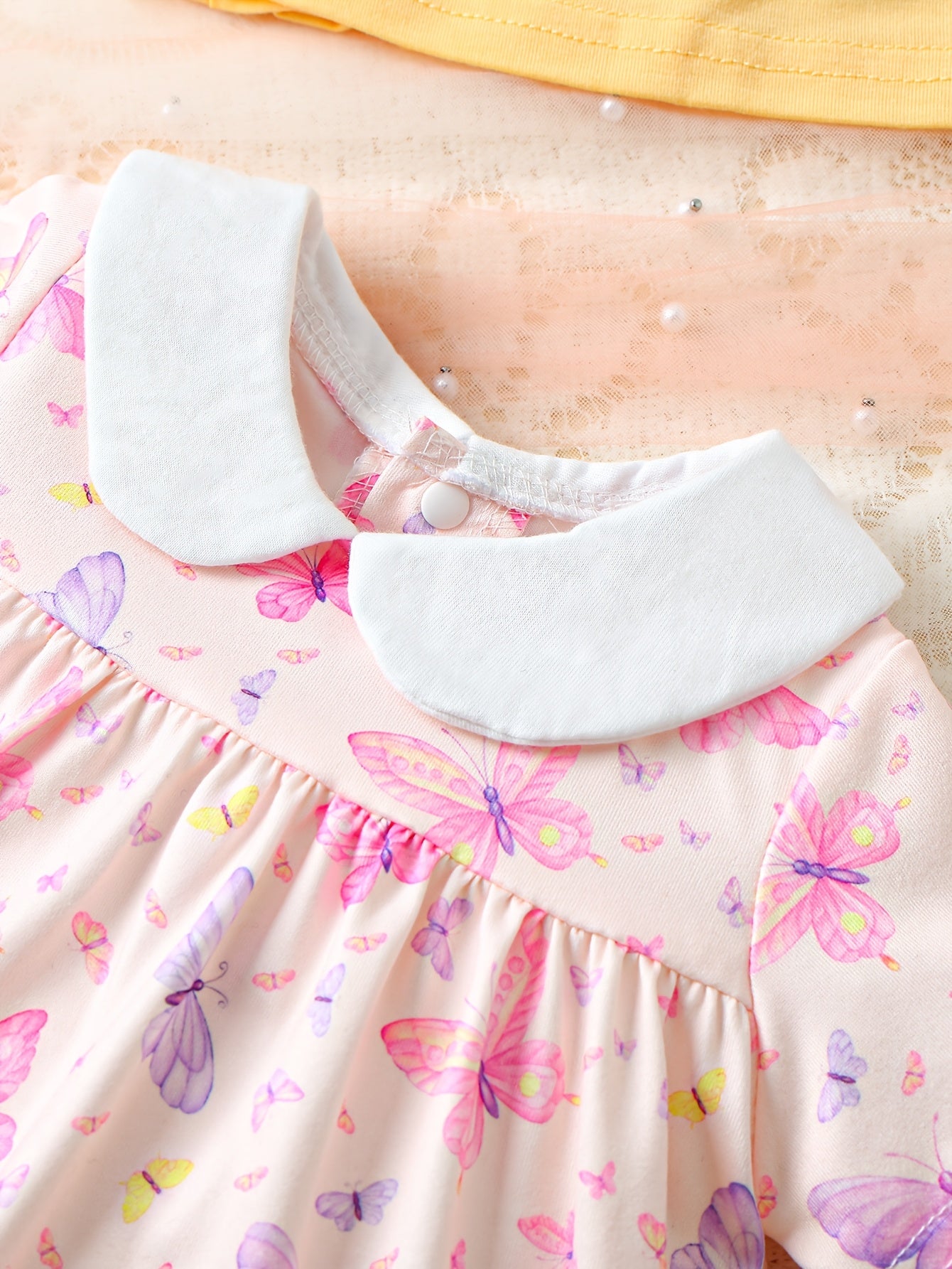 3pcs Girls' Casual Dress Set, Summer New Style, 3 Colors, Floral Butterfly Print, Short Sleeve, Cute Doll Collar, Back Button Closure Dress Combo