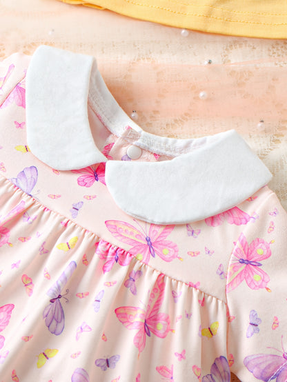 3pcs Girls' Casual Dress Set, Summer New Style, 3 Colors, Floral Butterfly Print, Short Sleeve, Cute Doll Collar, Back Button Closure Dress Combo