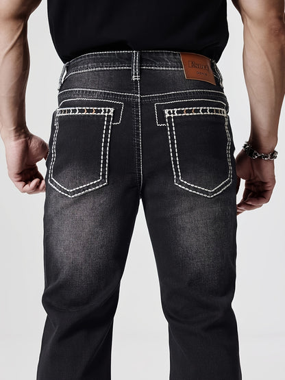 ESDVQ Men's Slim-Fit Classic Washed Denim Bell-Bottom Jeans - Mid-Stretch Machine-Washable Flared Pants with Suitable for All-Season Wear, Comfortable Stretchable Bell-Bottoms for Casual & Dressy Outfits
