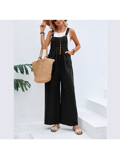 Retro Style Women'S Jumpsuit with Wide Legs, Mid-Rise Solid Color Overalls for Casual Daily Wear, Effortless Boho Chic One-Piece Pants