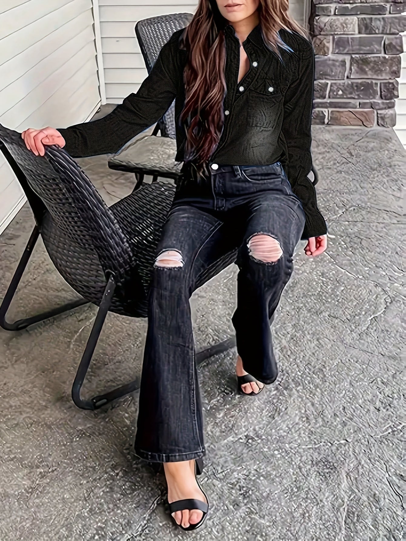 Denim Shirt Women's, Casual Jeans Western Style, Long Sleeved Button Up Top
