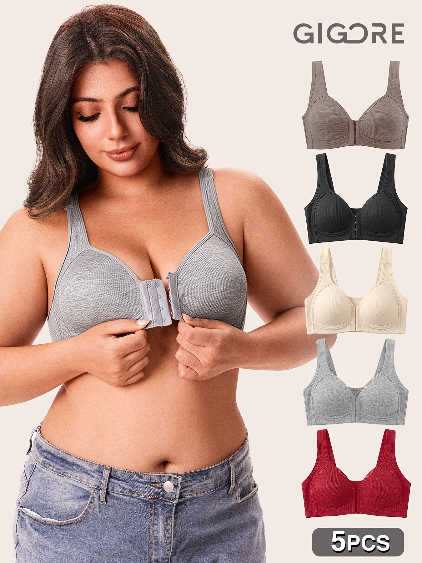 Women'S Front-Closure Vertical Stripe Wireless Push-Up Bra 5pcs Set Seamless Underwear, Adjustable Straps, Full Support Sports Bra White Fitness Apparel, Front-Closure Style Quick-Dry High-Stretch Breathable Fabric High-Support Women'S Bra Bundle