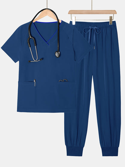 2pcs Set Of Top And Pants, Women's V-neck Frosted Breathable Pocket S Uniform, Brushed Hand Clothes, Work Clothes, Hand Washing Clothes, Pocket Clothes, Leg Binding Pants Set