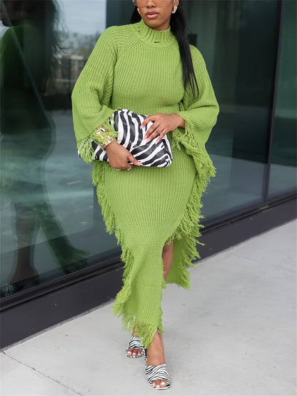 Gifts for Her, Fringe Trim Sweater Dress for Women, Batwing Long Sleeve High Neck Maxi Dress with Asymmetrical Hem, Sexy And Chic Style, for Fall Winter