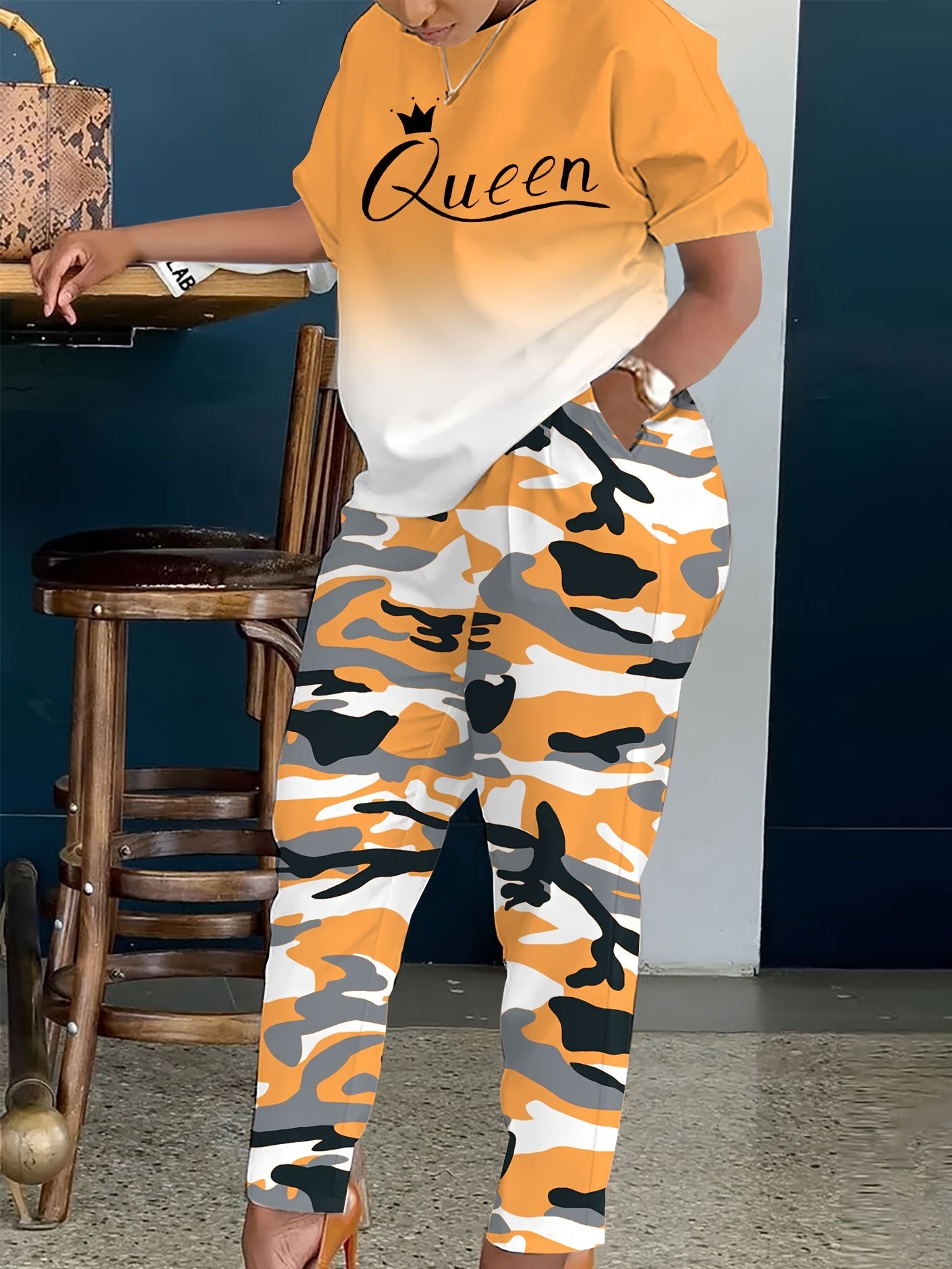Plus Size - LADIES' Plus Size Daily Fashion Casual Set: Letter Print Crew Neck Short Sleeve T-shirt + Camouflage Long Pants With Pockets