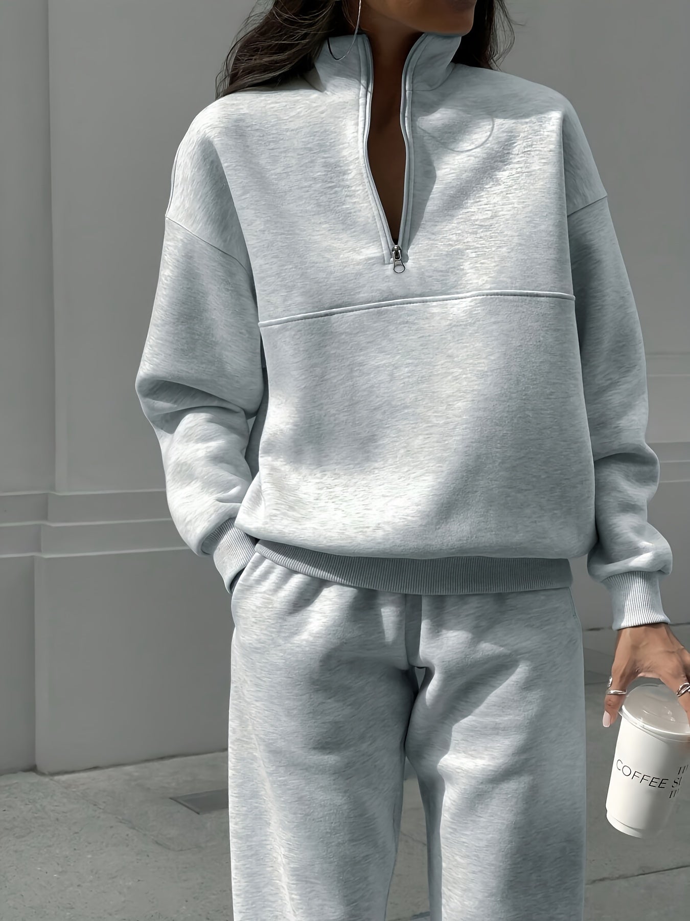 Two-piece Autumn and Winter New Fashion Zip-up Lapel Solid Color Casual Suit, SCACTO