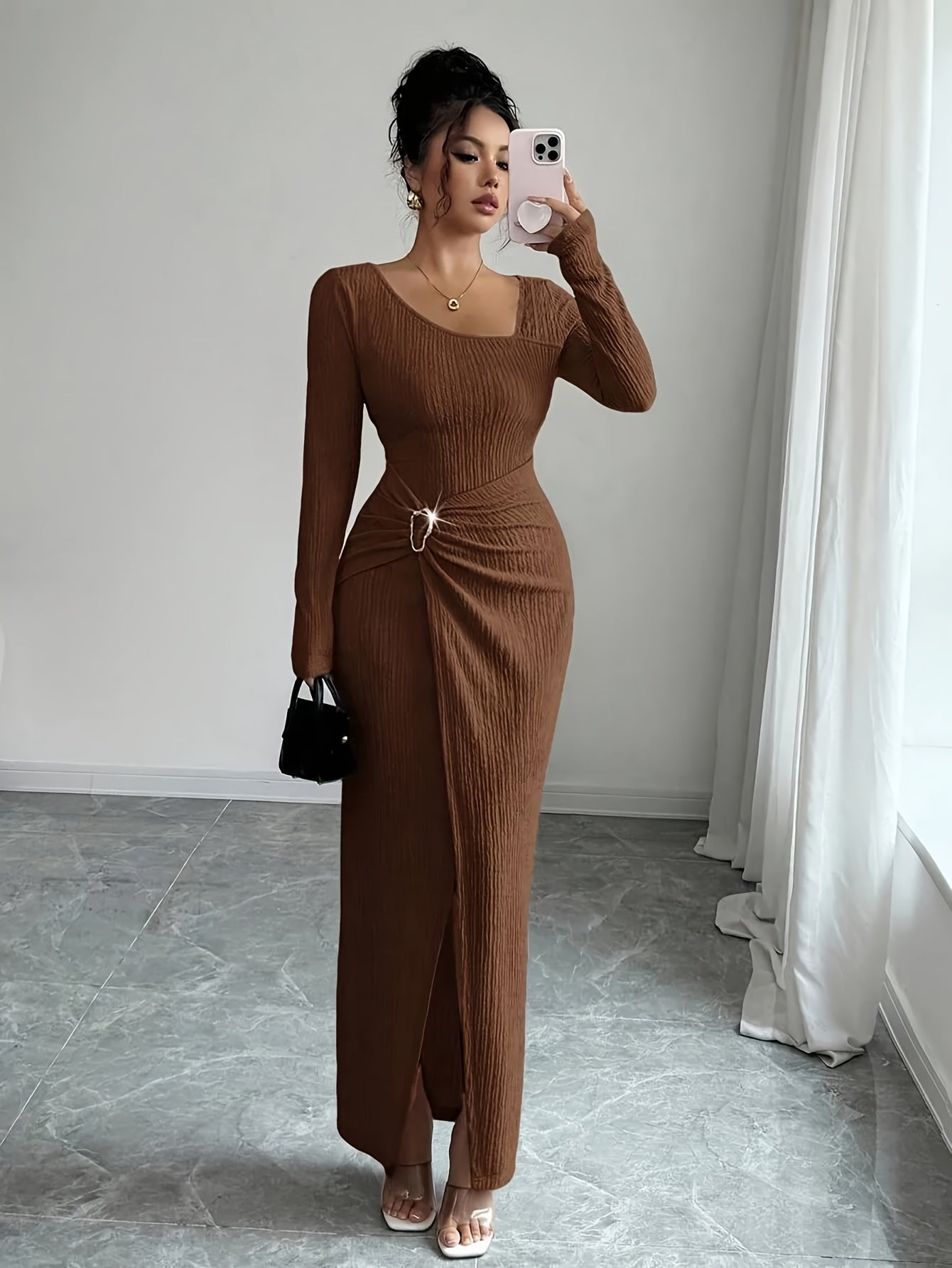Women'S Solid Color Twisted Split Maxi Dress Asymmetrical Neck Slim Bodycon Fall Winter Elegant Fashion Dress