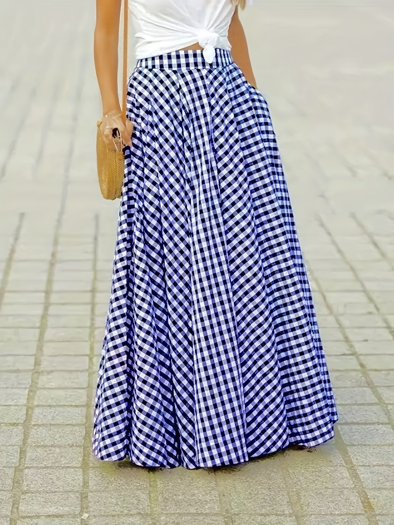 Women'S Elegant Checkered Mid-Length Skirt - High Waist, Flowing A-Line Silhouette, Opaque, Ideal for Spring And Autumn Seasons, Versatile Mid-Length Skirt | Elegant A-Line Skirt | Fashionable Texture