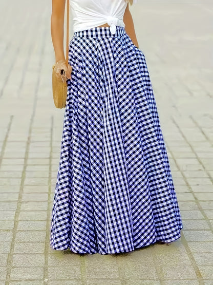 Women'S Elegant Checkered Mid-Length Skirt - High Waist, Flowing A-Line Silhouette, Opaque, Ideal for Spring And Autumn Seasons, Versatile Mid-Length Skirt | Elegant A-Line Skirt | Fashionable Texture