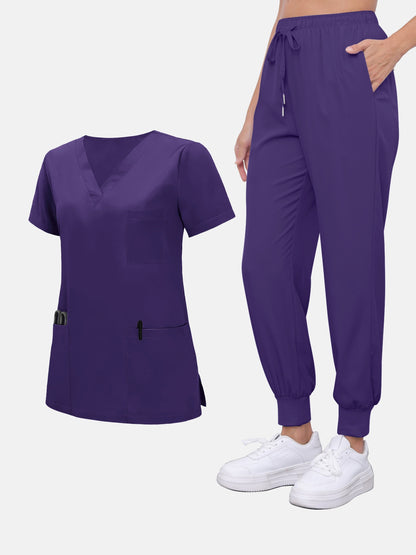 2pcs Set Of Women's V-neck Matte Breathable S Uniform Pocket Hand Washing Work Clothes Brush Hand Clothes Tying Feet Pants Set