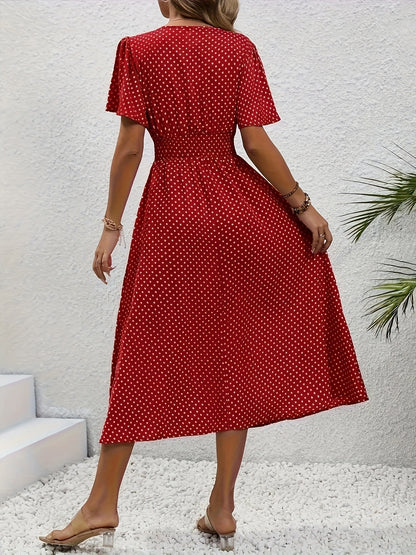 Women'S Long Dress in Pink with Polka Dots - Casual V-Neck, Ruffled Sleeves, Waist-Enhancing Style, Made of Lightweight, Ideal for Spring/Summer, Machine Washable