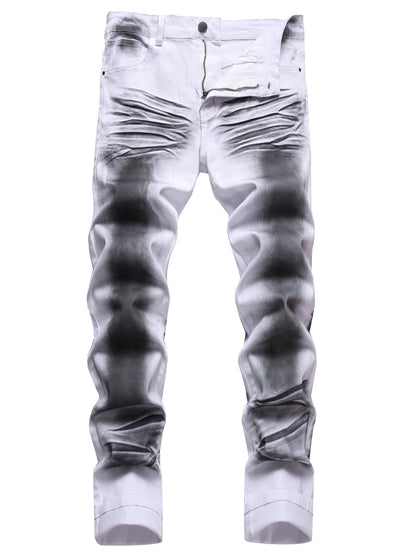 Men'S White And Black Printed Cat Whiskers Stretch Slim Jeans Casual Trousers
