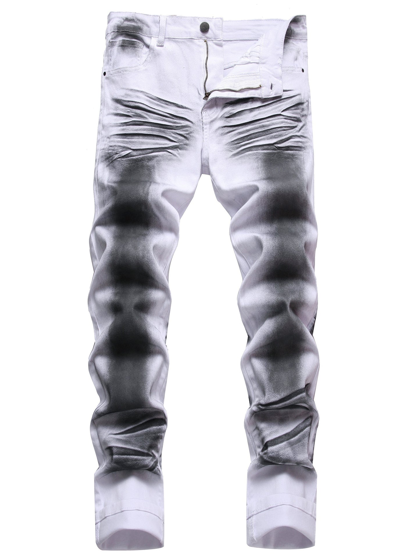 Men'S White And Black Printed Cat Whiskers Stretch Slim Jeans Casual Trousers