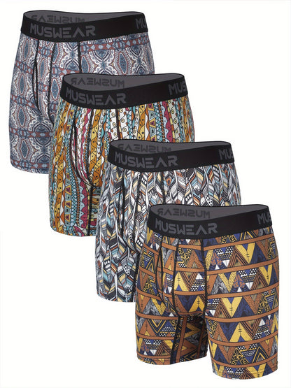 MUSWEAR Men's Quick-Dry Boxer Briefs - Moisture-Wicking Breathable Athletic Underwear with Side Openings, Tribal Geometric Print, Mid-Stretch Fabric for Gym, Casual & Daily Wear, Boxer Shorts, Workout Gear, Sporty Design, Lightweight Construction, Perform