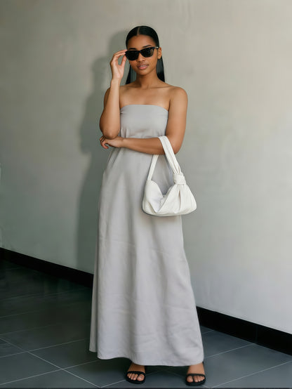 [Linen Beach Dress] Womens Linen Beach Dress Backless Sleeveless Wrap High Waist A Line Casual Summer Vacation Flowy Sundress Three Colors Light Grey Linen Beige Ivory White