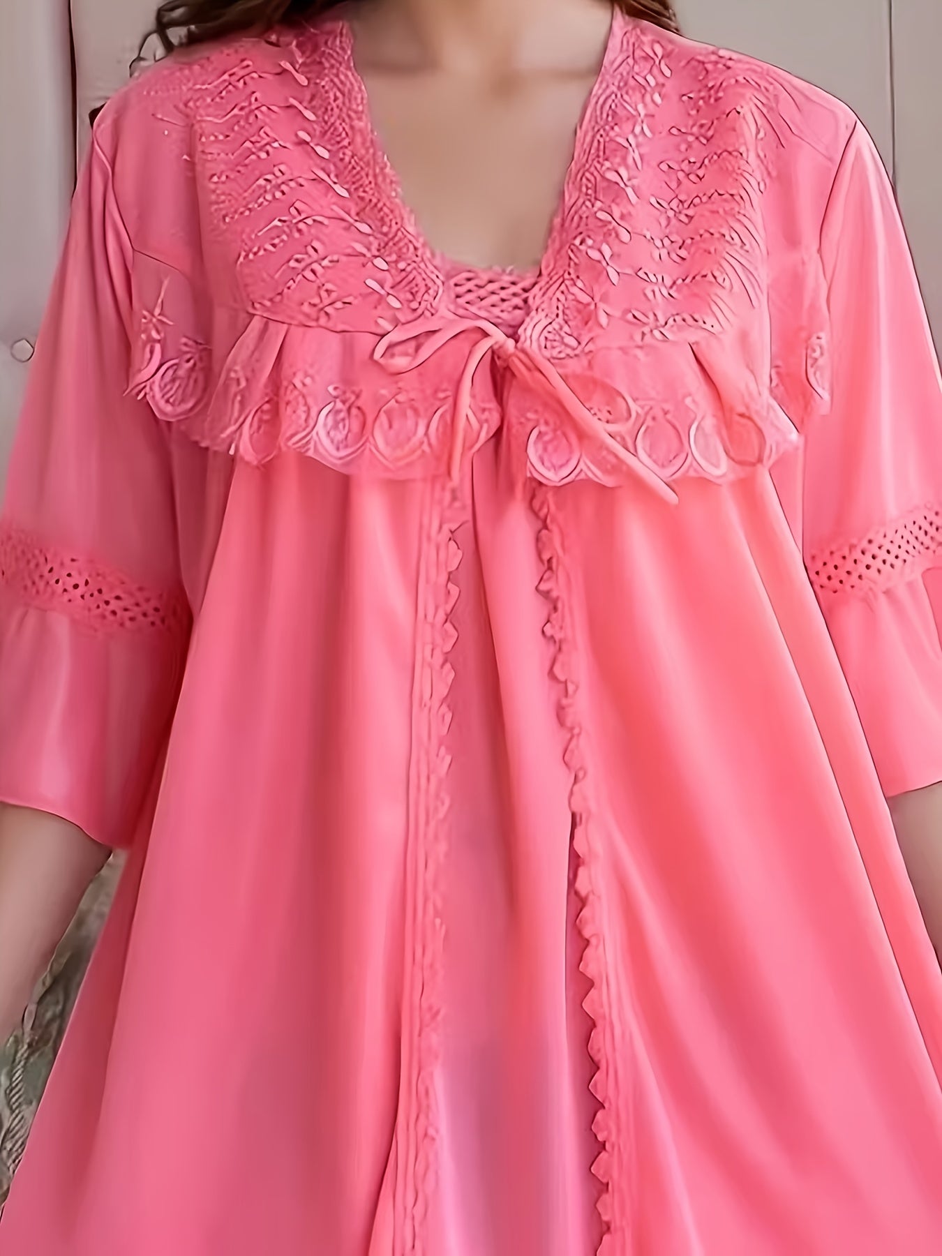 [Valentine's Day Christmas] Long Lace Robe Two-Piece Set y Satin Fabric Kimono Style Home Wear Ruffle And Delicate Lace Trim The Fit Is Flowing And Elegant Ideal for Daily Use Or As A Fantastic Gift Choice for Valentine's Day And Christmas