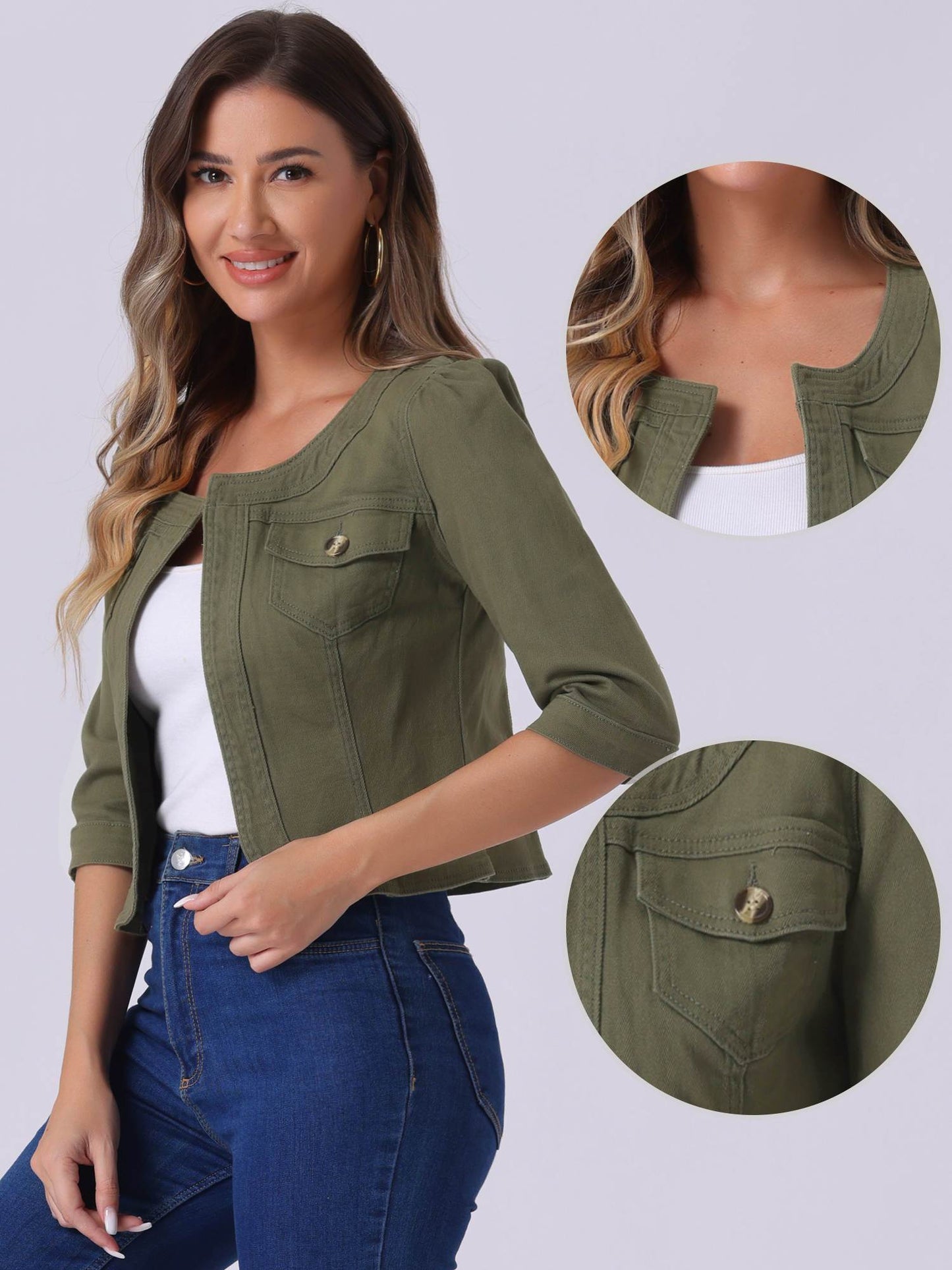 Denim Jacket for Women' S Collarless 2025 Cardigan 3/4 Sleeve Crop Jean Jackets